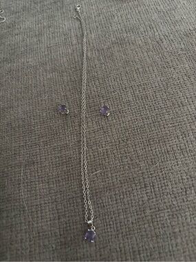 Silver Necklace and Stud Earrings Set with Purple Gemstones